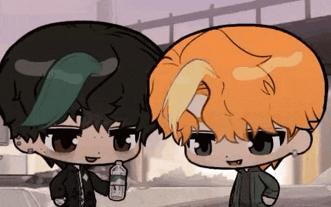 a couple of cartoon characters are standing next to each other holding bottles of water .