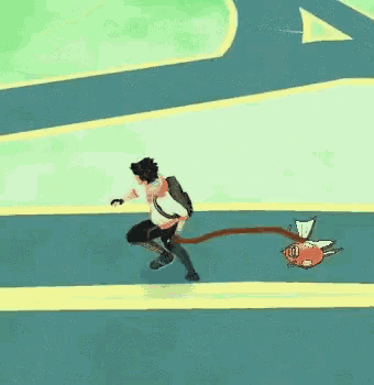 a person is running with a fish on a leash in a video game .