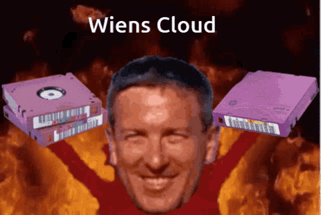 a man 's head is surrounded by purple tapes and the words " wiens cloud "