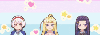three anime girls are standing next to each other on a blue and pink background