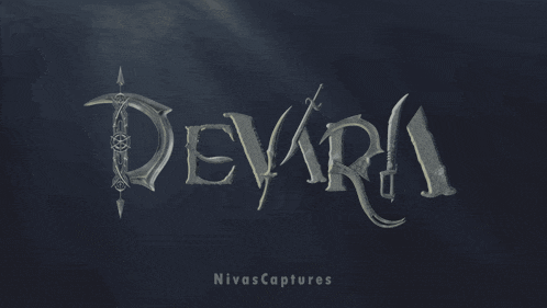 a dark blue background with the word devara in silver letters