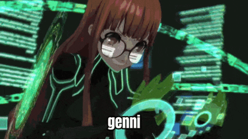 a girl with glasses and the word genni on the screen