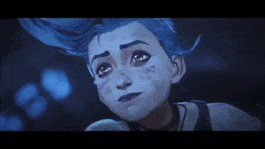 a close up of a cartoon character with blue hair looking at the camera in a dark room .