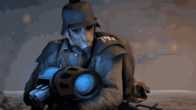 a soldier in a trench coat is holding a gun with blue bullets