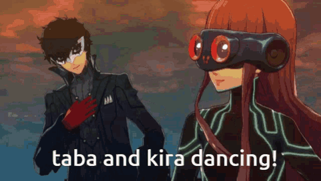 a cartoon of a man and a girl with the words taba and kira dancing