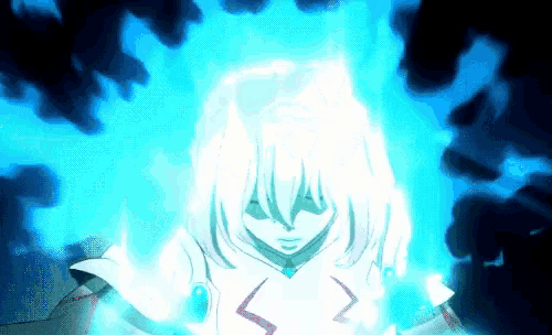 a cartoon character with white hair is surrounded by blue light