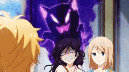 a group of anime characters are standing next to each other in front of a purple demon .