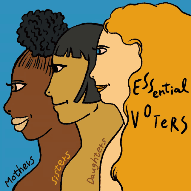 a cartoon of three women with the words " essential voters " written above them