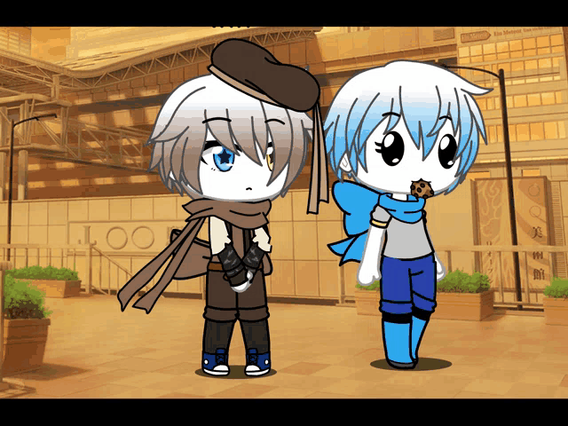 a couple of anime characters standing next to each other in front of a building that says 100