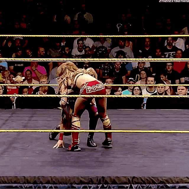 two women wrestling in a ring with a crowd behind them and the hashtag #thenextbig thing visible