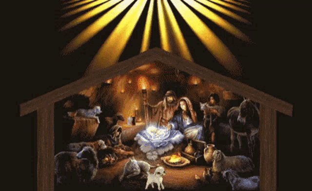 a painting of a nativity scene with jesus and mary in the center