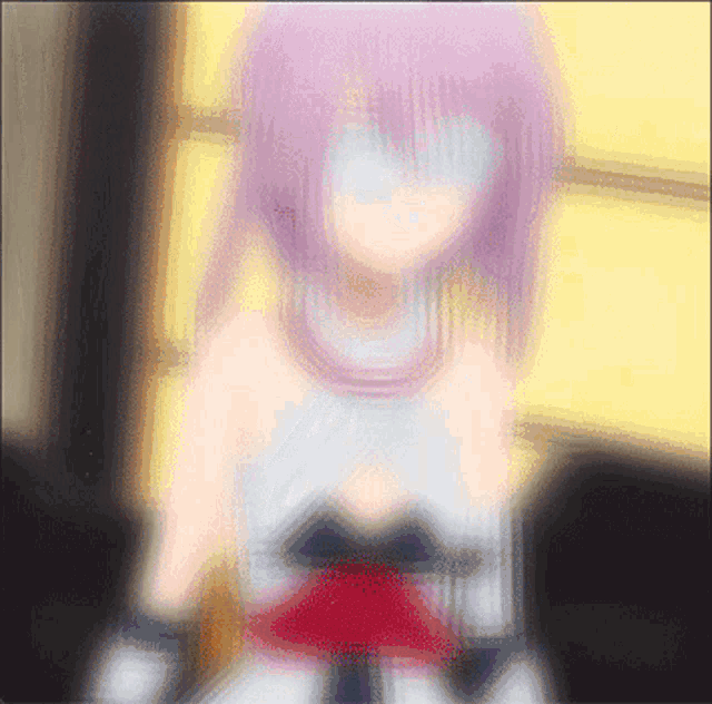 a blurry picture of a purple haired anime girl