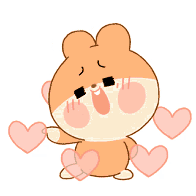 a cartoon hamster is surrounded by pink hearts and has a big smile on his face