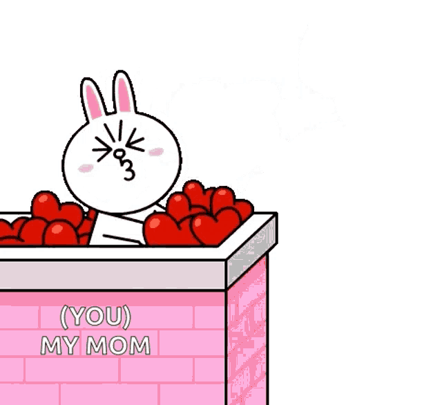 a cartoon rabbit is sitting in a box of red hearts with the words " you my mom " written on the bottom