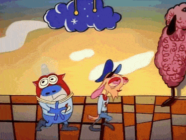 two cartoon characters are standing next to each other with a cloud hanging over them