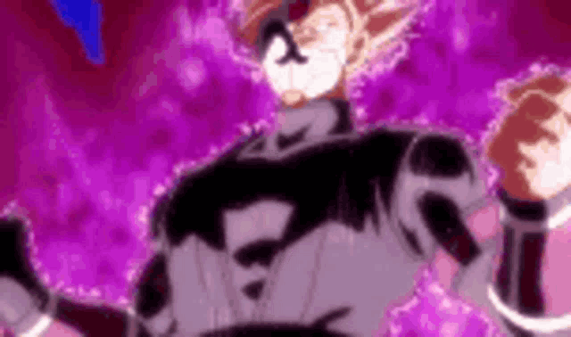a man in a black suit is standing in front of a purple background in a cartoon .