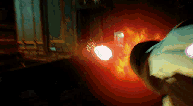 a computer generated image of a person standing in a dark room with a red light coming out of it