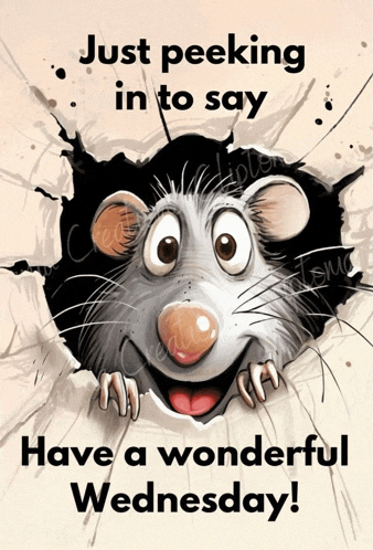 a cartoon mouse is peeking out of a hole with the words just peeking in to say have a wonderful wednesday below it