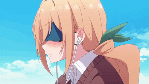 a blonde anime girl wearing ear buds and a mask