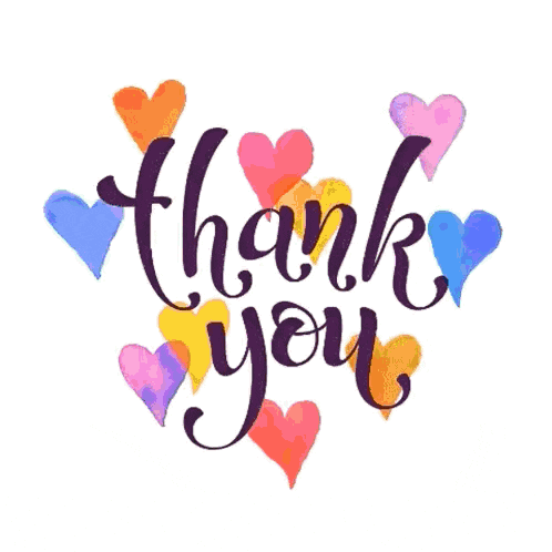 the word thank you is surrounded by watercolor hearts .