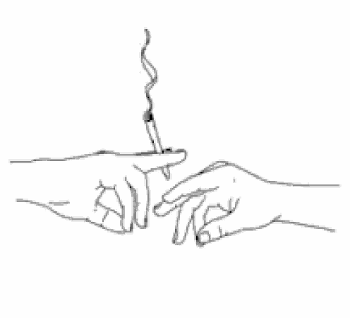 a black and white drawing of two hands holding a cigarette in their hands .