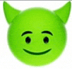 a green devil emoji with horns and a smile on it .