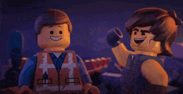 two lego figures are standing next to each other with one wearing a vest that says ' a ' on it