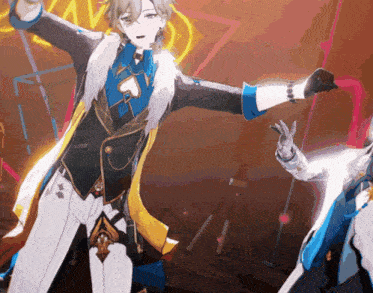 a man in a blue and white suit is dancing