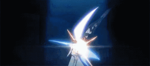 a person is standing in a dark room with a sword in their hand and a lightning bolt coming out of it .