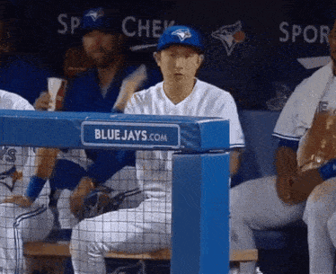 a blue jays player sits in the dugout behind a blue barrier