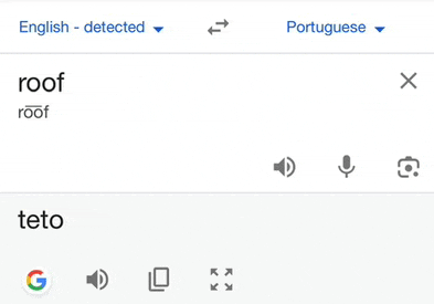 a screenshot of a google translator showing the word roof in english and portuguese