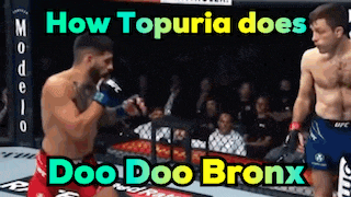 two men are fighting in a boxing ring with the words how topuria does doo doo bronx on the bottom .
