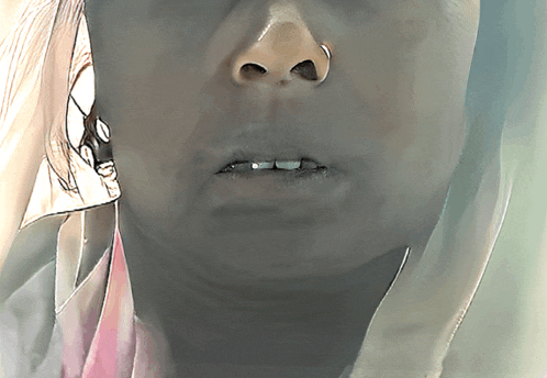 a close up of a woman 's face with a pink scarf around her neck