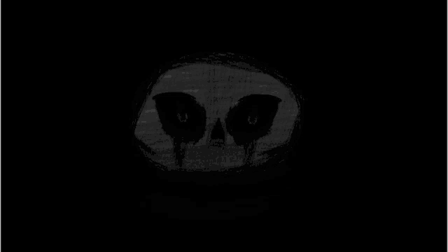 a black and white drawing of a skull with glowing eyes .