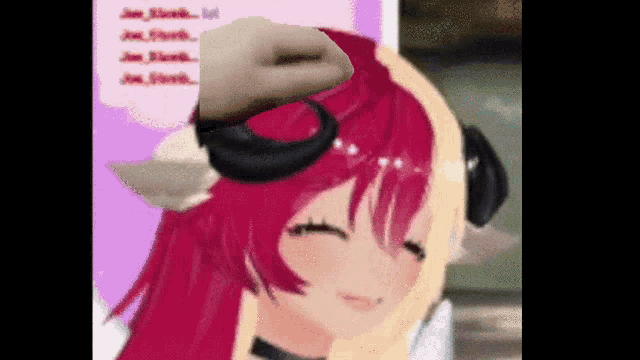 a close up of a person 's hand on a red haired anime girl 's head