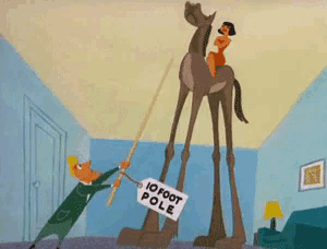 a cartoon of a man holding a sign that says " 10 foot pole "