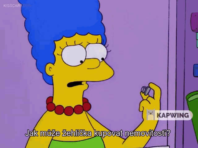 a cartoon of marge simpson with blue hair and red beads