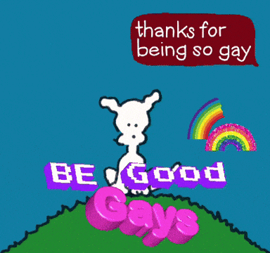 a cartoon of a dog surrounded by pink hearts with the words " thanks for being so gay "