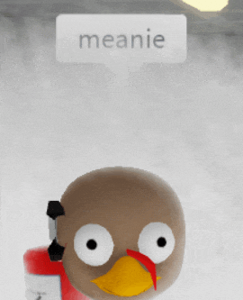 a cartoon bird with a red beak is standing in front of a sign that says " meanie "