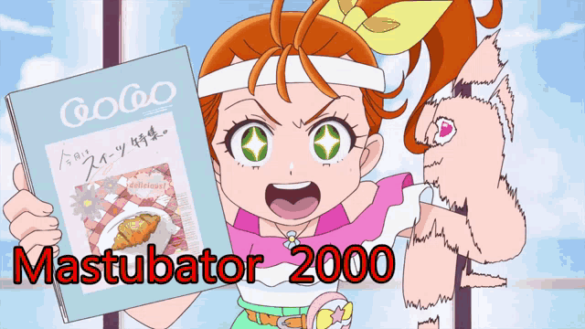 a cartoon of a girl holding a magazine that says masturator 2000