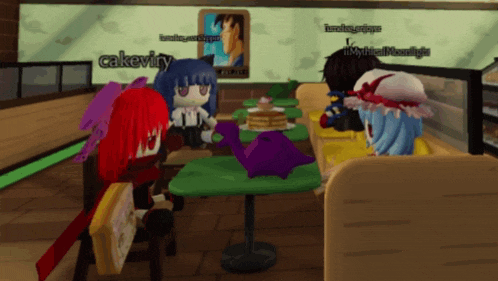a group of cartoon characters are sitting at a table with the name cakevity on the bottom right