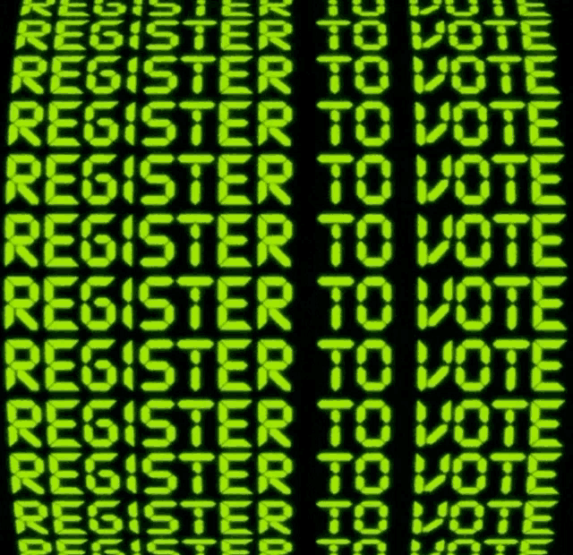 the words register to vote are repeated on a black background