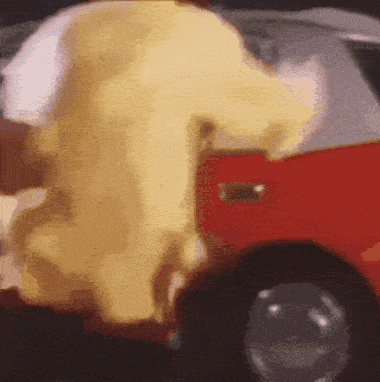 a close up of a red car with smoke coming out of the back