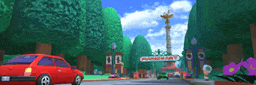 a red car is parked on the side of the road in front of a sign that says ' paradise park '