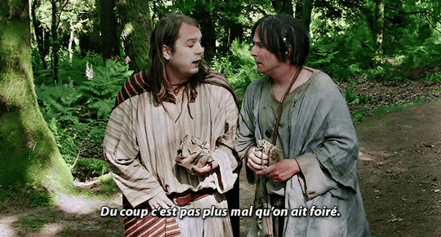 two men standing next to each other with the words du coup c ' est pas plus mal qu ' on ait foire on the bottom