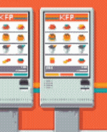 two kfp kiosks on an orange wall