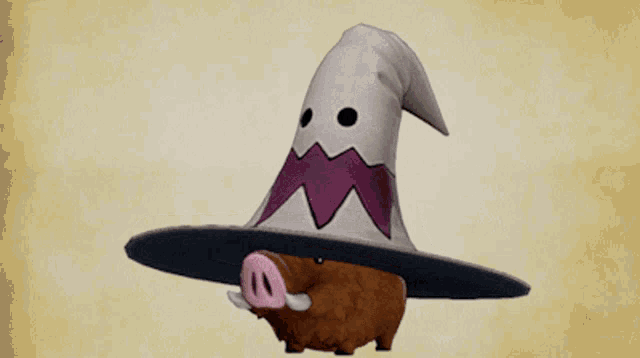 a cartoon pig wearing a witch hat with a purple stripe