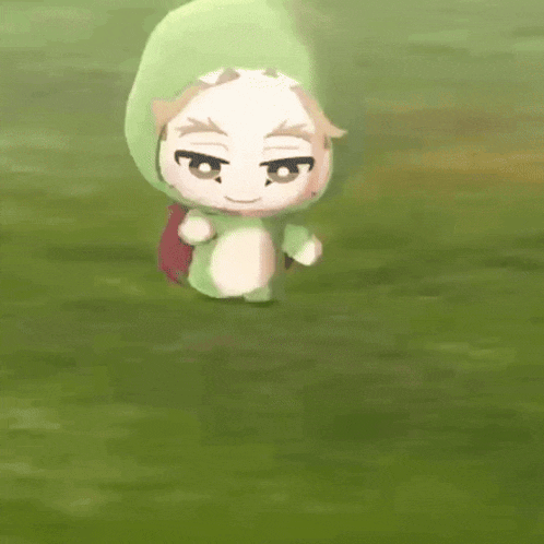 a cartoon character wearing a green dinosaur costume is walking in the grass