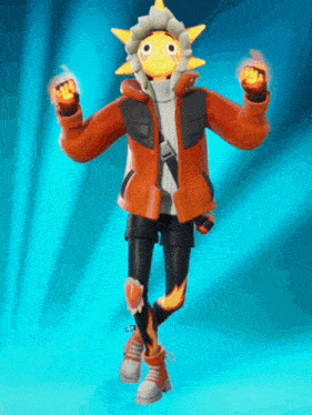 a cartoon character with a sun on his head is holding a pair of fire gloves in his hands .