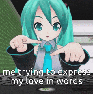 a cartoon girl is pointing at something with the words me trying to express my love in words